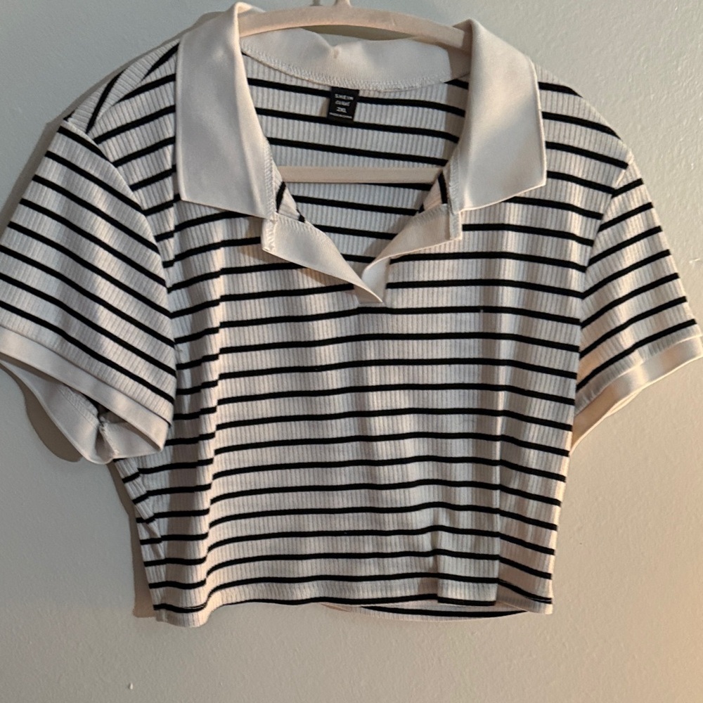 Forever 21 Black and White Striped Collared Crop Top
